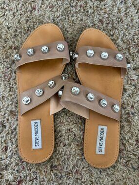 Steve Madden Womens Jessy Slide Sandals 9M Beige Leather Upper Open Toe